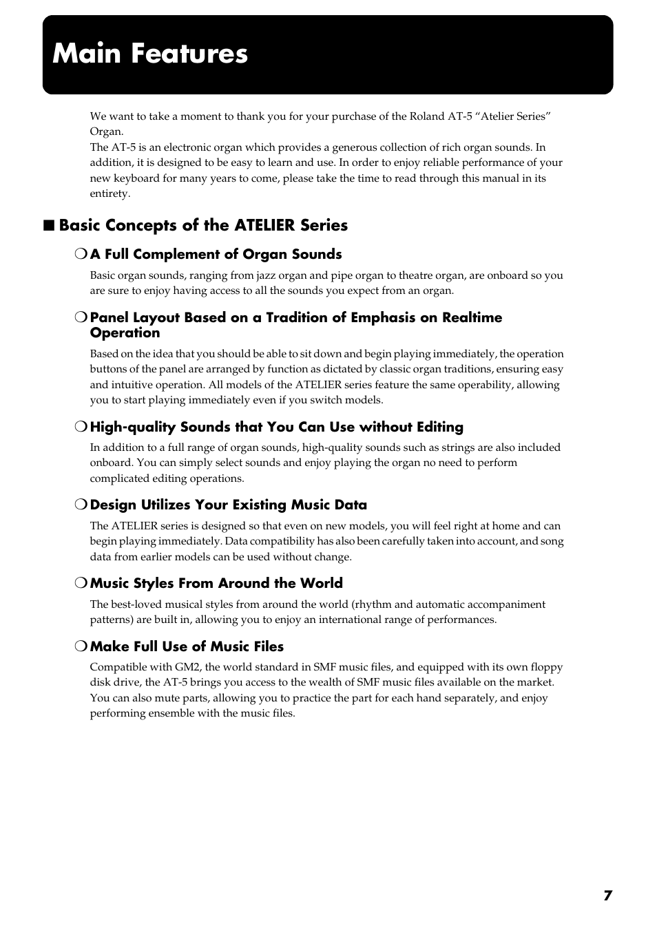 Main features, Basic concepts of the atelier series | Roland AT 5 User Manual | Page 7 / 84
