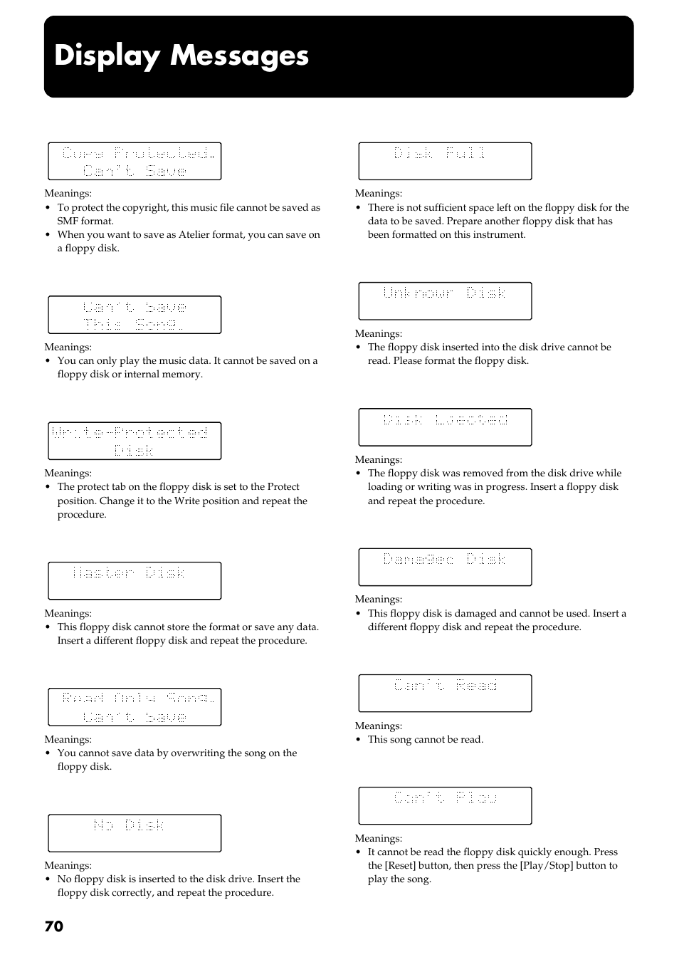 Display messages | Roland AT 5 User Manual | Page 70 / 84