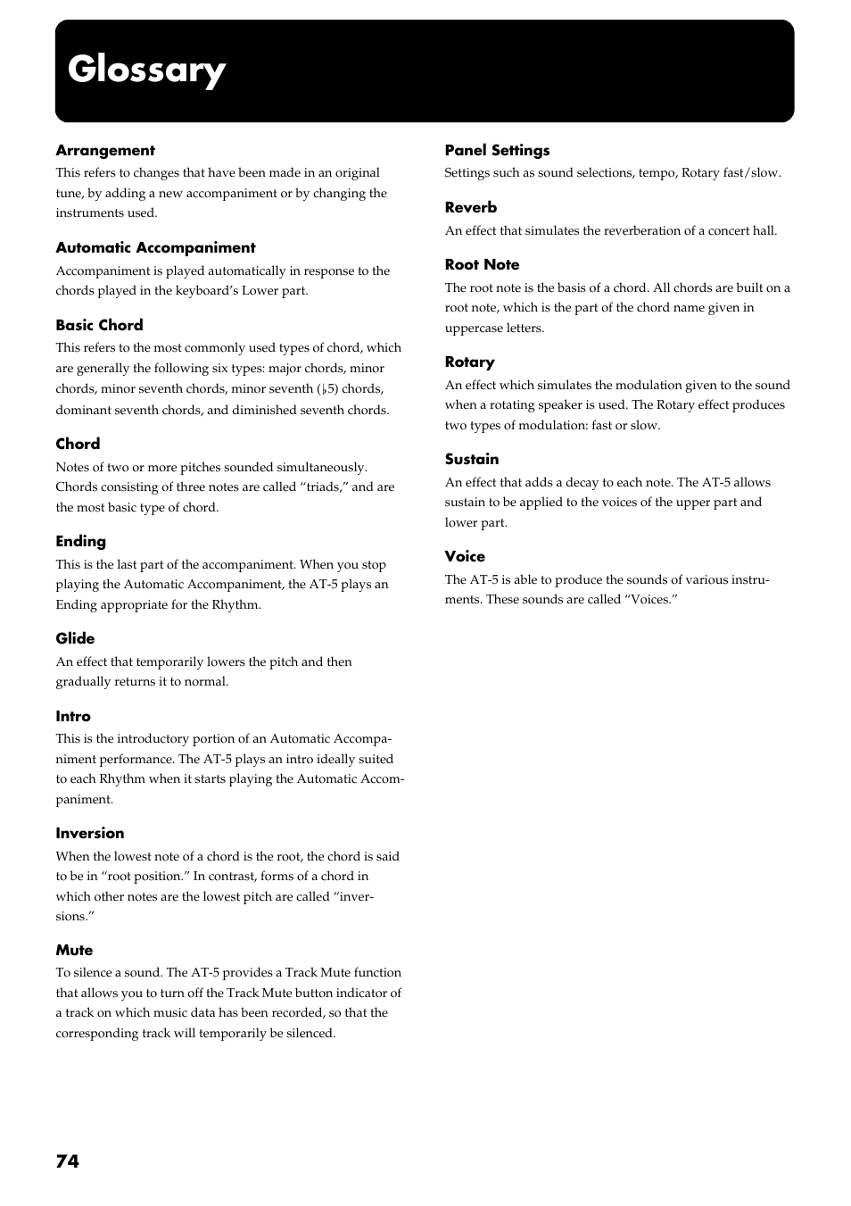 Glossary | Roland AT 5 User Manual | Page 74 / 84