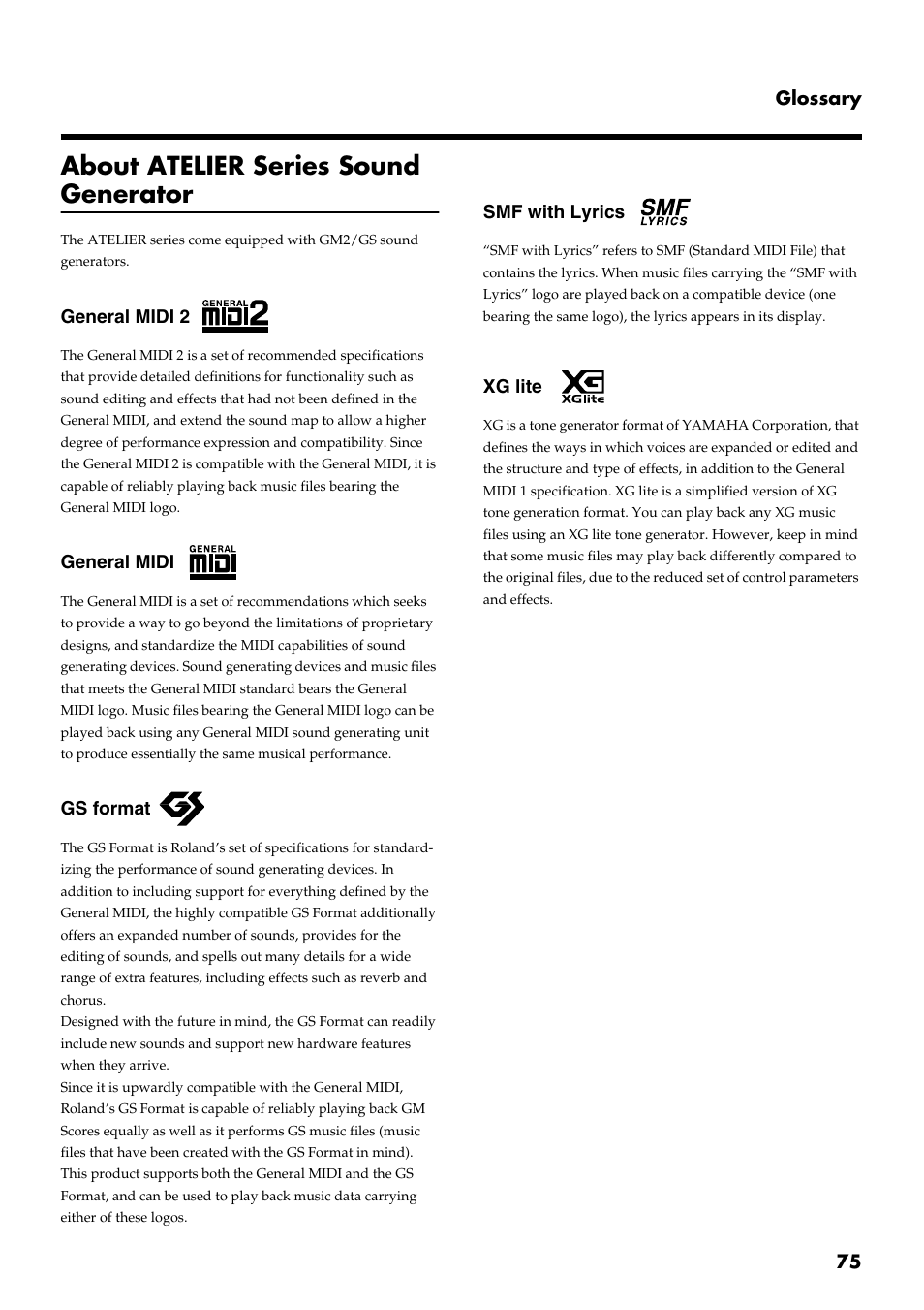 About atelier series sound generator, 75 glossary, General midi 2 | General midi, Gs format, Smf with lyrics, Xg lite | Roland AT 5 User Manual | Page 75 / 84