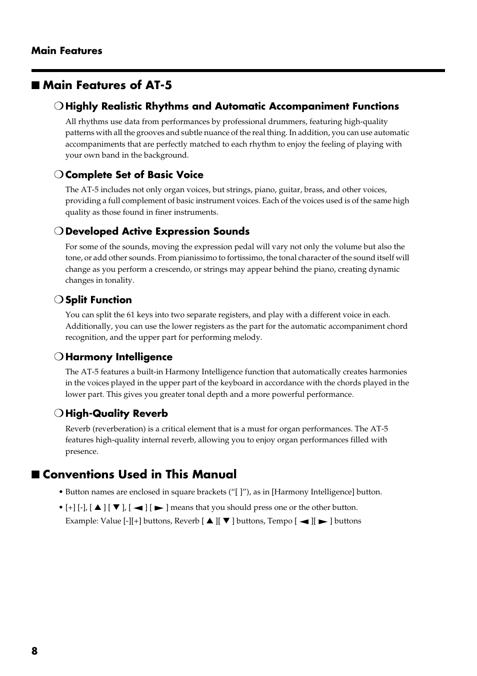 Main features of at-5, Conventions used in this manual | Roland AT 5 User Manual | Page 8 / 84