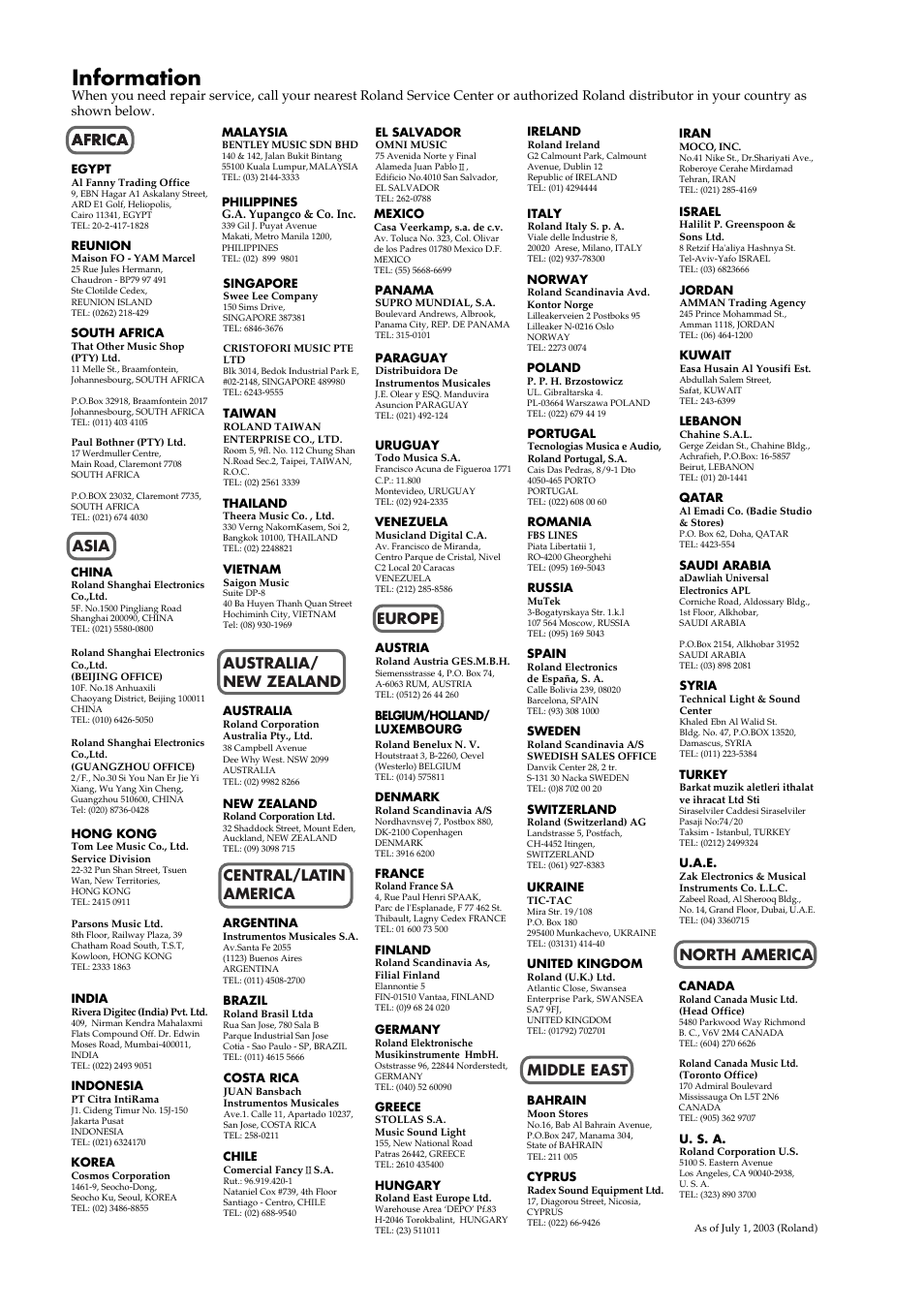 Information, Africa | Roland AT 5 User Manual | Page 82 / 84