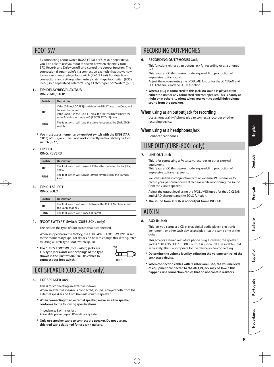 Foot sw, Ext speaker (cube-80xl only), Recording out/phones | Line out (cube-80xl only), Aux in, When using as an output jack for recording, When using as a headphones jack | Roland CUBE 40XL User Manual | Page 10 / 27