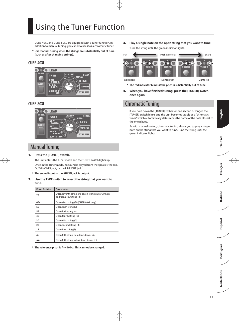 Using the tuner function, Manual tuning, Chromatic tuning | Cube-40xl cube-80xl | Roland CUBE 40XL User Manual | Page 12 / 27