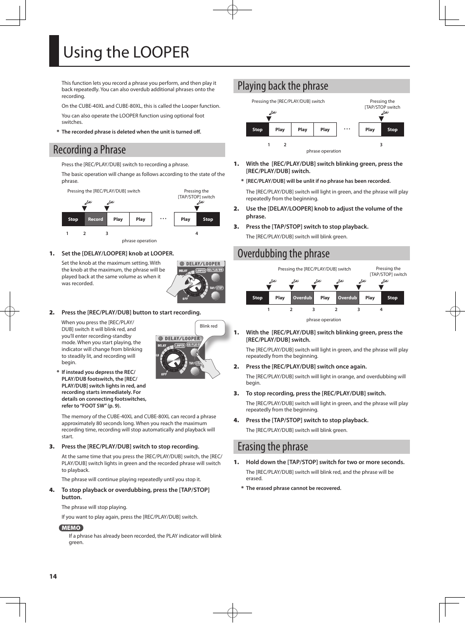 Using the looper, Recording a phrase, Playing back the phrase | Overdubbing the phrase, Erasing the phrase | Roland CUBE 40XL User Manual | Page 15 / 27