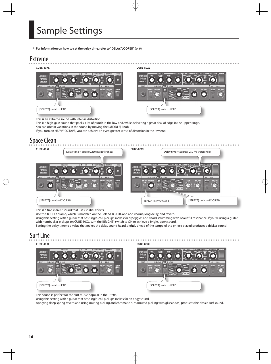 Sample settings, Extreme, Space clean | Surf line | Roland CUBE 40XL User Manual | Page 17 / 27