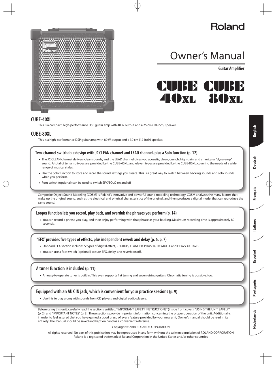 Owner’s manual, Cube-40xl, Cube-80xl | A tuner function is included, P. 11), P. 9), Guitar amplifi er | Roland CUBE 40XL User Manual | Page 2 / 27