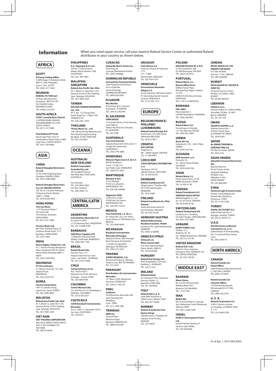 Information, Africa, Asia | Oceania, Central/latin america, Europe, Middle east, North america | Roland CUBE 40XL User Manual | Page 22 / 27