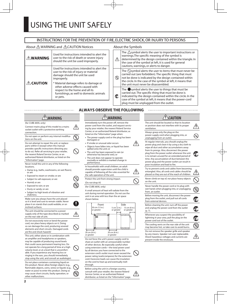 Using the unit safely, Warning, Caution | Always observe the following | Roland CUBE 40XL User Manual | Page 3 / 27