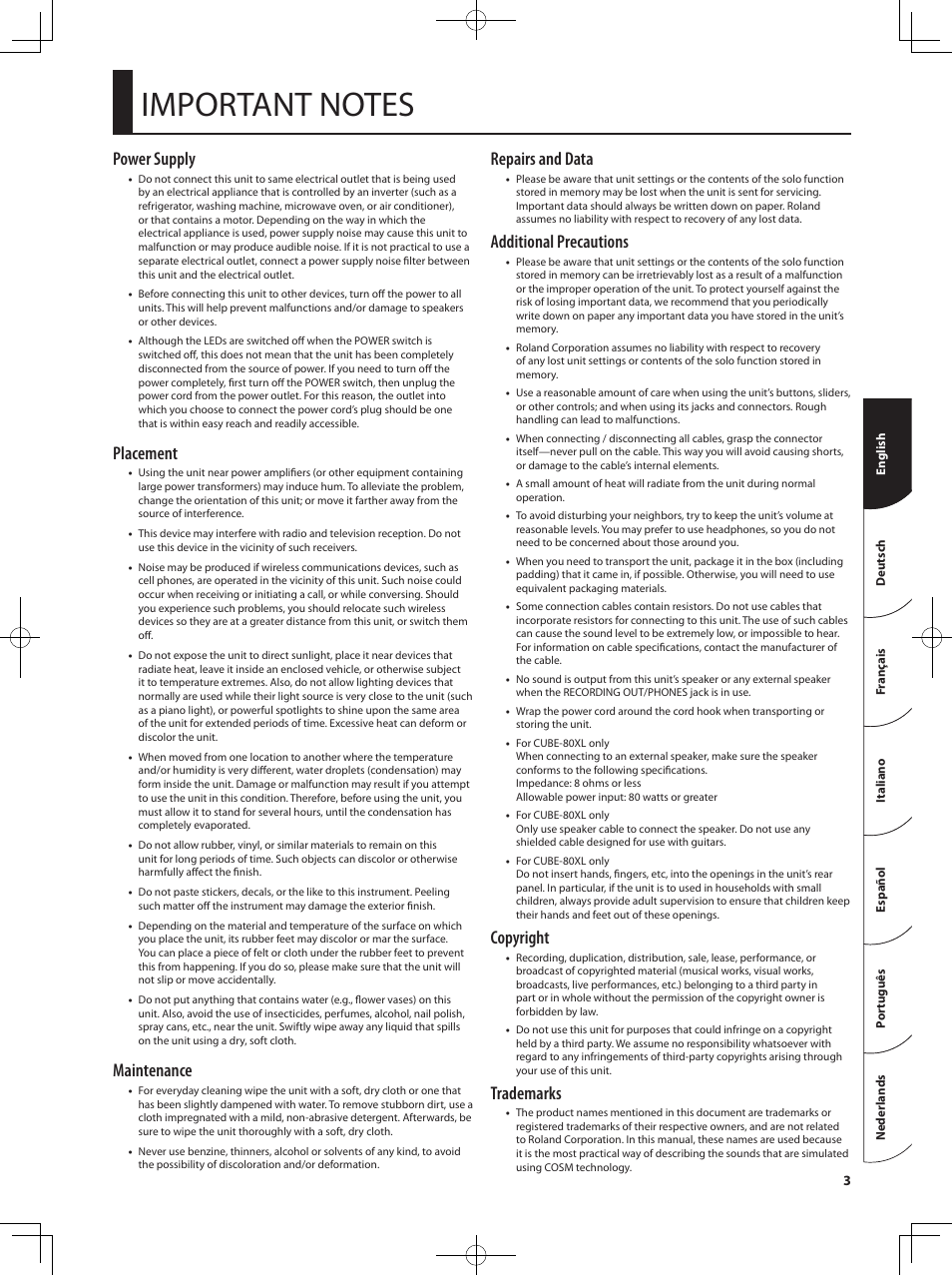 Power supply, Placement, Maintenance | Repairs and data, Additional precautions, Copyright, Trademarks | Roland CUBE 40XL User Manual | Page 4 / 27