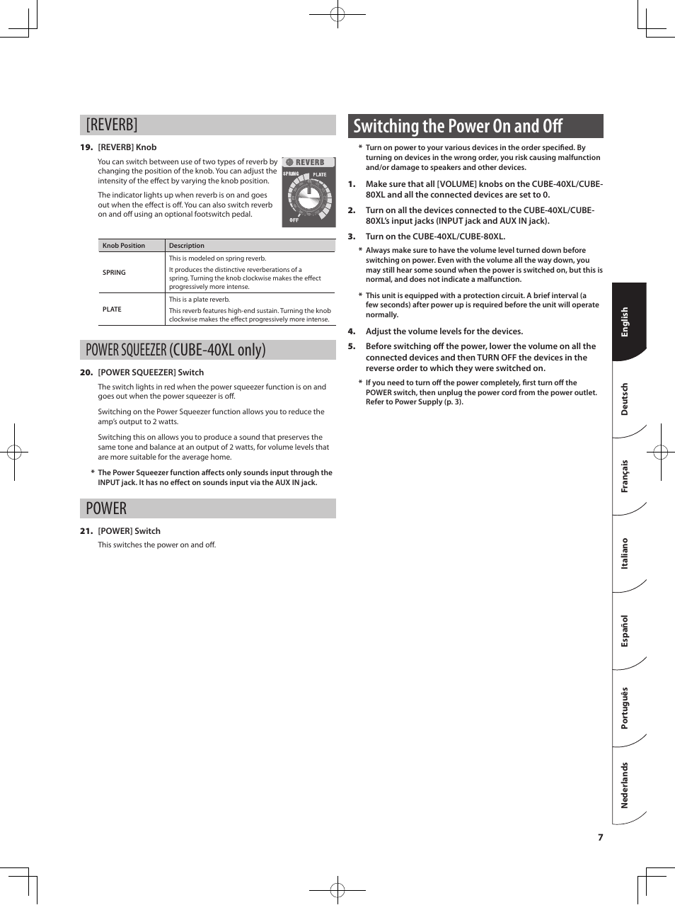 Switching the power on and oﬀ, Reverb, Power squeezer (cube-40xl only) | Power | Roland CUBE 40XL User Manual | Page 8 / 27