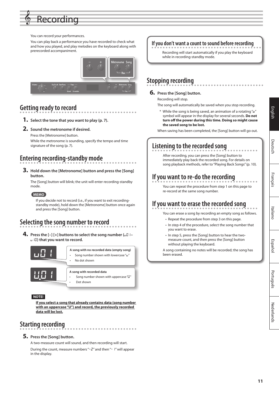U.01, Recording, Getting ready to record | Entering recording-standby mode, Selecting the song number to record, Starting recording, Stopping recording, Listening to the recorded song, If you want to re-do the recording, If you want to erase the recorded song | Roland F-120 User Manual | Page 11 / 28