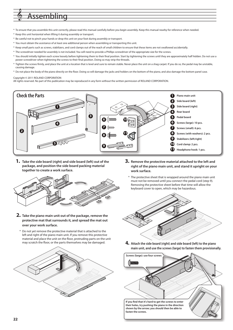 Assembling the f-120, Assembling, About ground terminal | When moving the unit, Check the parts | Roland F-120 User Manual | Page 22 / 28