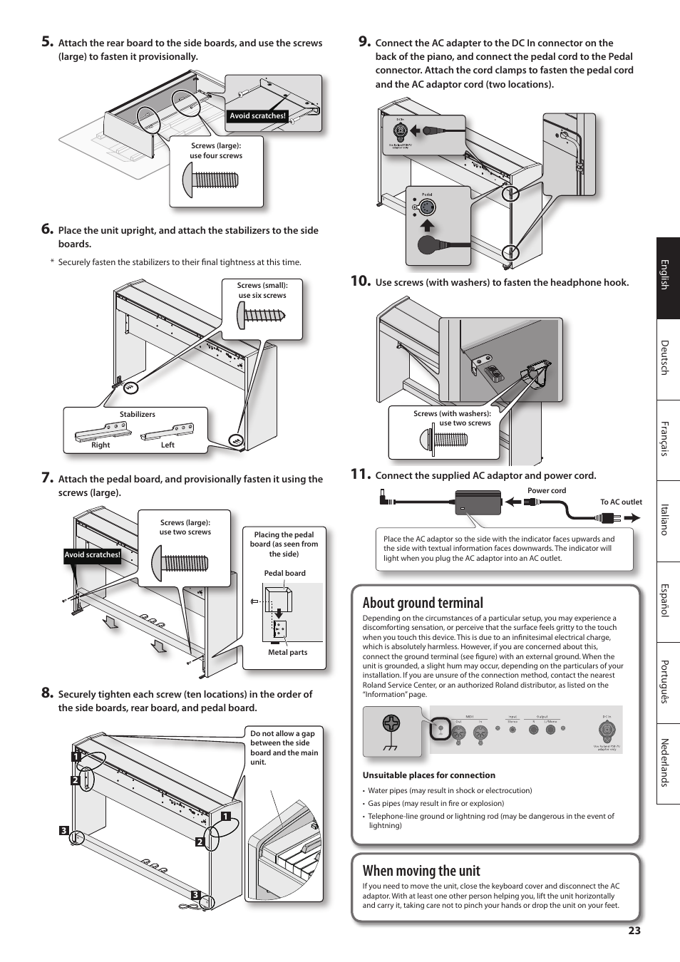 Assembling the f-120, About ground terminal, When moving the unit | Check the parts | Roland F-120 User Manual | Page 23 / 28
