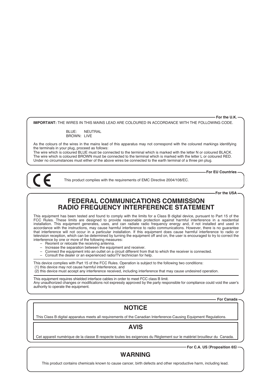 Notice avis, Warning | Roland F-120 User Manual | Page 26 / 28