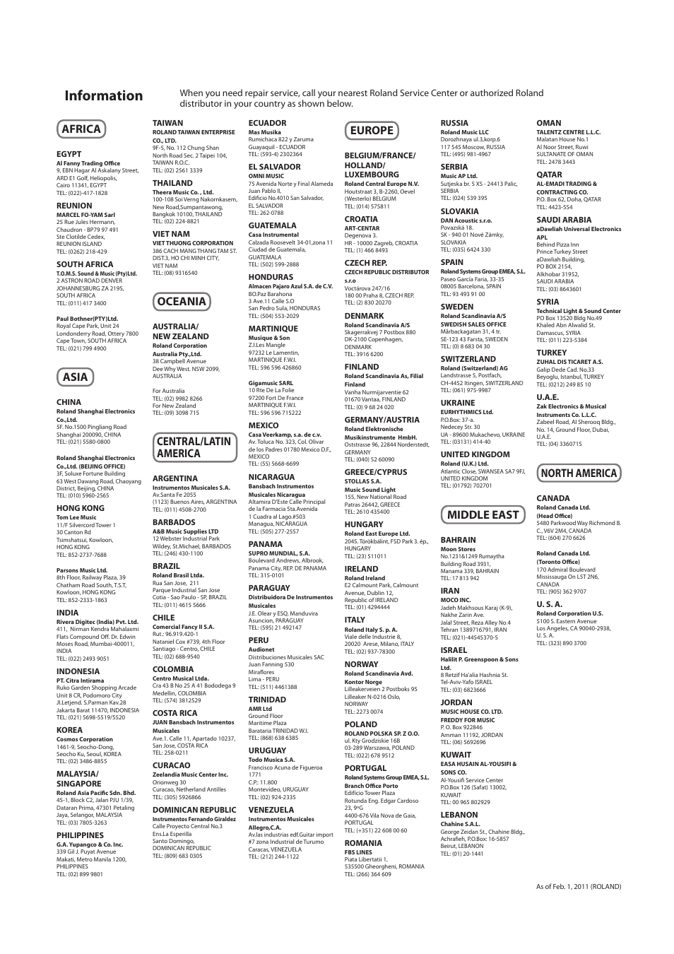 Information, Africa, Asia | Oceania, Central/latin america, Europe, Middle east, North america | Roland F-120 User Manual | Page 27 / 28