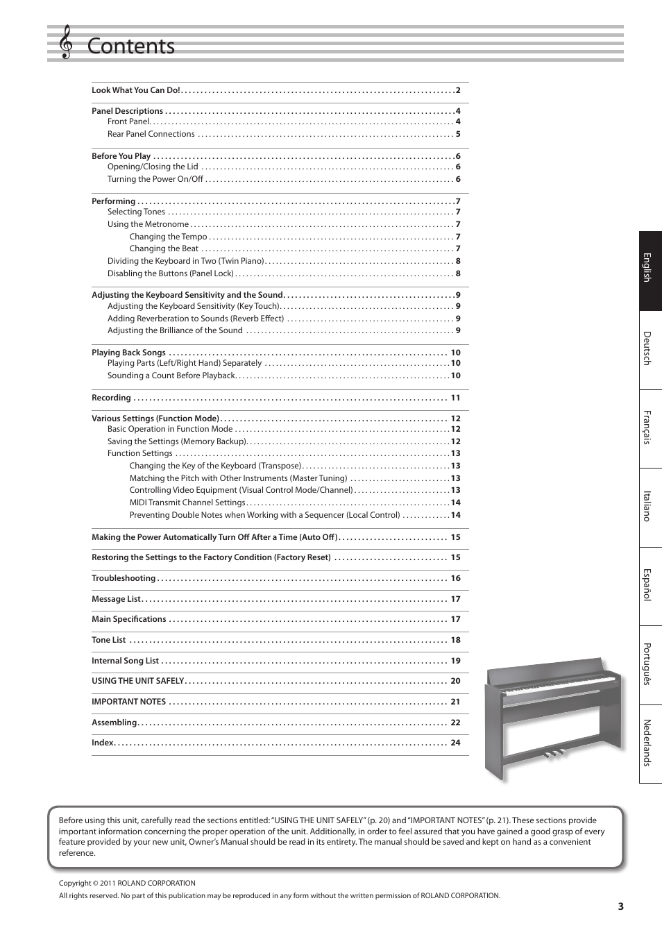 Roland F-120 User Manual | Page 3 / 28