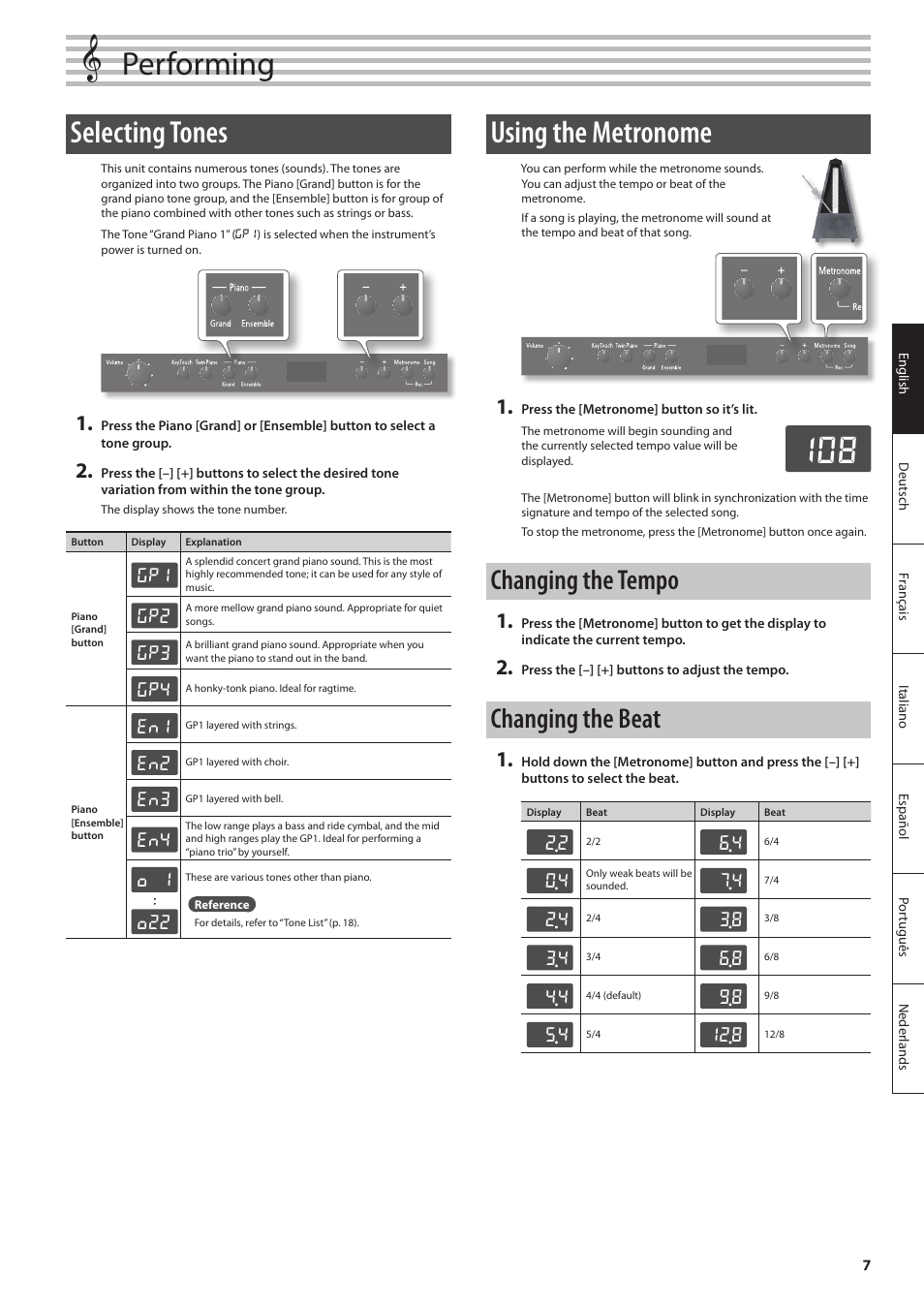 Performing, Selecting tones, Using the metronome | Changing the tempo, Changing the beat, Selecting tones using the metronome, Changing the tempo changing the beat, O 1 o22 | Roland F-120 User Manual | Page 7 / 28