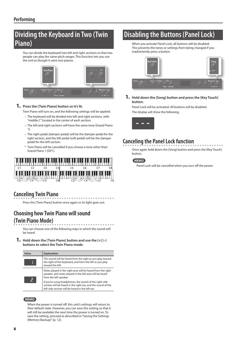 Dividing the keyboard in two (twin piano), Disabling the buttons (panel lock), Canceling twin piano | Canceling the panel lock function, Performing | Roland F-120 User Manual | Page 8 / 28