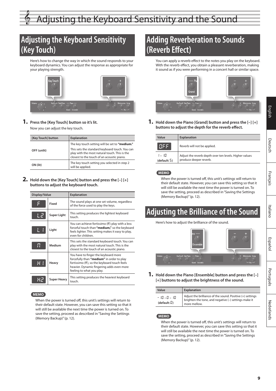 Adjusting the keyboard sensitivity and the sound, Adjusting the keyboard sensitivity (key touch), Adding reverberation to sounds (reverb effect) | Adjusting the brilliance of the sound | Roland F-120 User Manual | Page 9 / 28