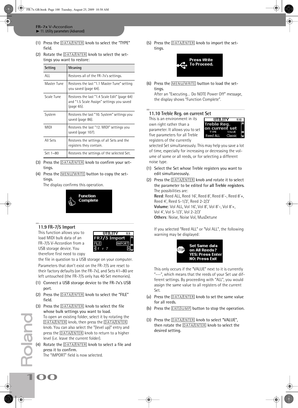 9fr-7/5 import, 10treble reg. on currentset, P. 100 | Roland FR-7x User Manual | Page 100 / 140