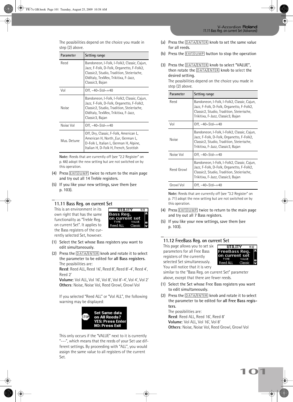 11bass reg. on currentset, 12freebass reg. on currentset, P. 101 | Roland FR-7x User Manual | Page 101 / 140