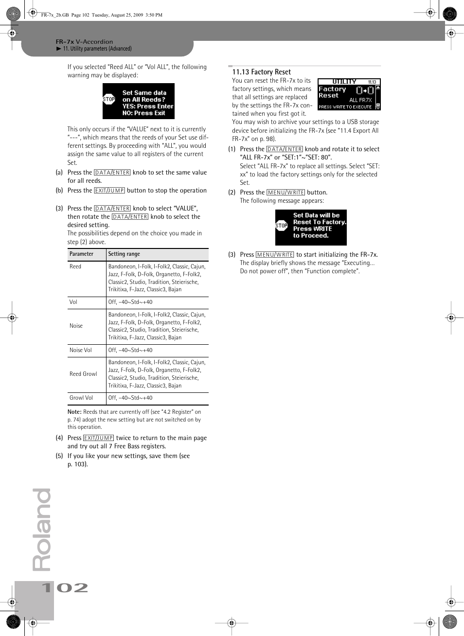 13factory reset, P. 102 | Roland FR-7x User Manual | Page 102 / 140