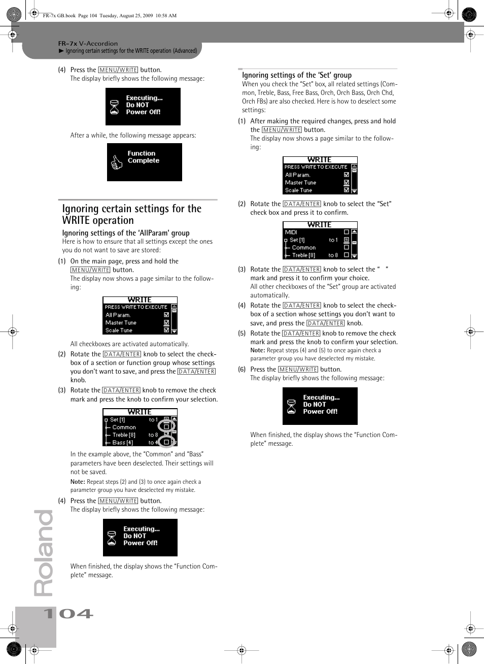 Ignoring certain settings for the write operation, Ignoring settings of the ‘allparam’ group, Ignoring settings of the ‘set’ group | Roland FR-7x User Manual | Page 104 / 140