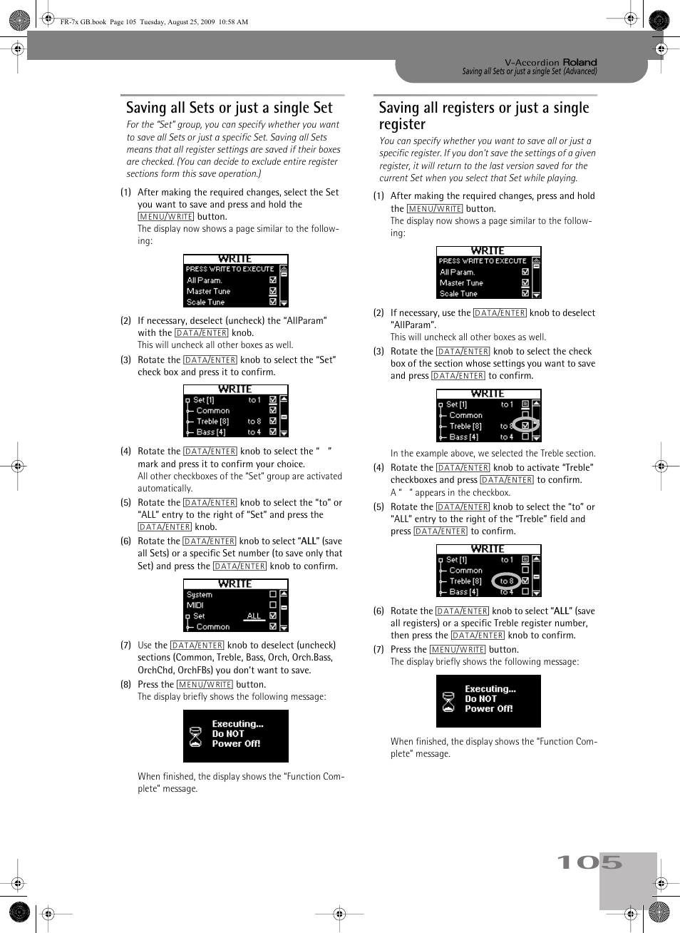 Saving all sets or just a single set, Saving all registers or just a single register | Roland FR-7x User Manual | Page 105 / 140