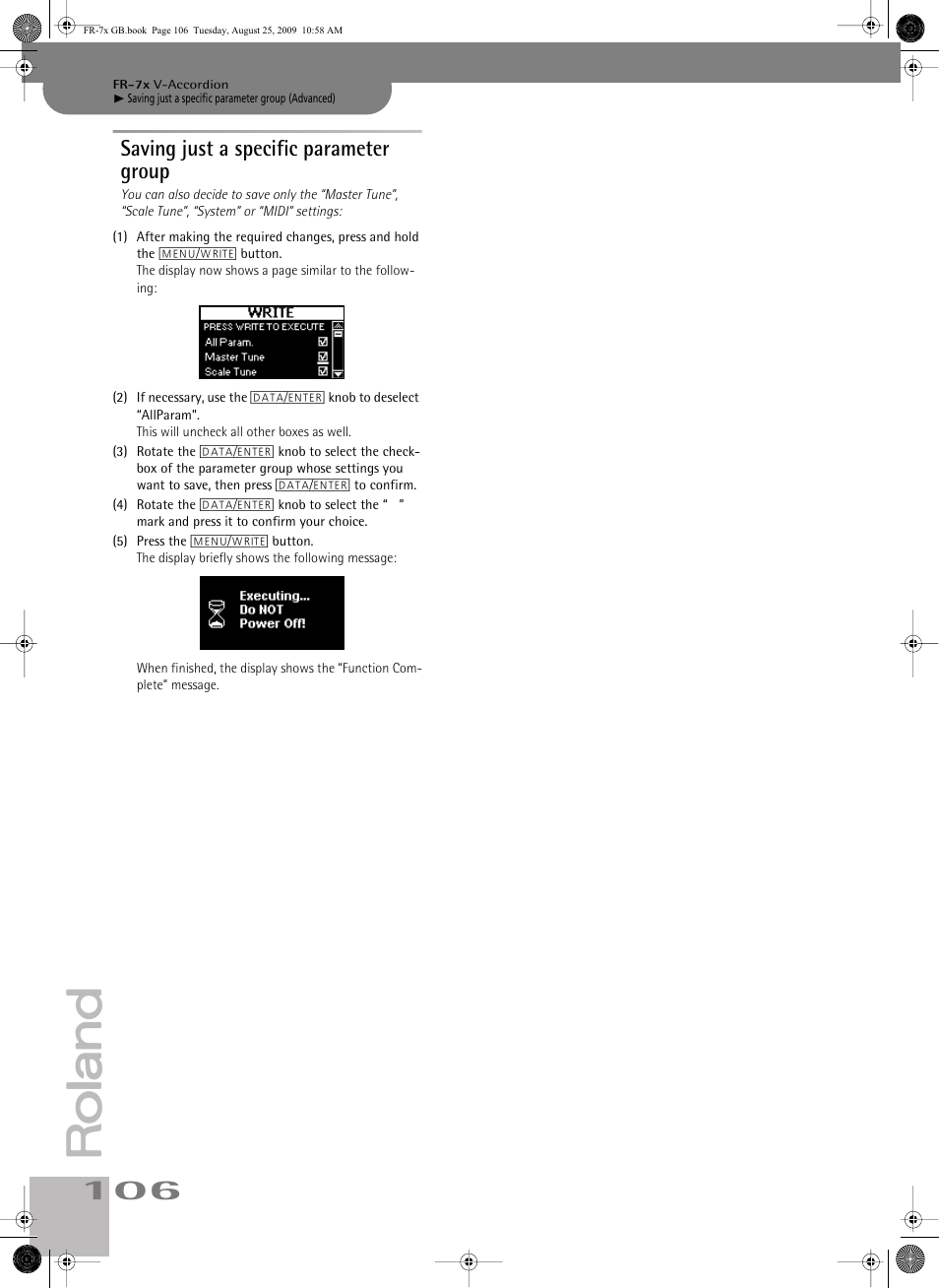 Saving just a specific parameter group | Roland FR-7x User Manual | Page 106 / 140