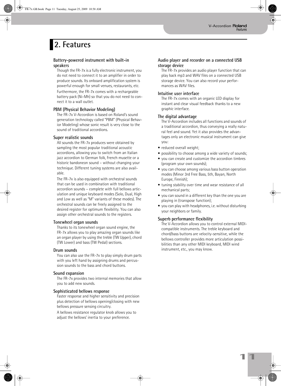Features | Roland FR-7x User Manual | Page 11 / 140
