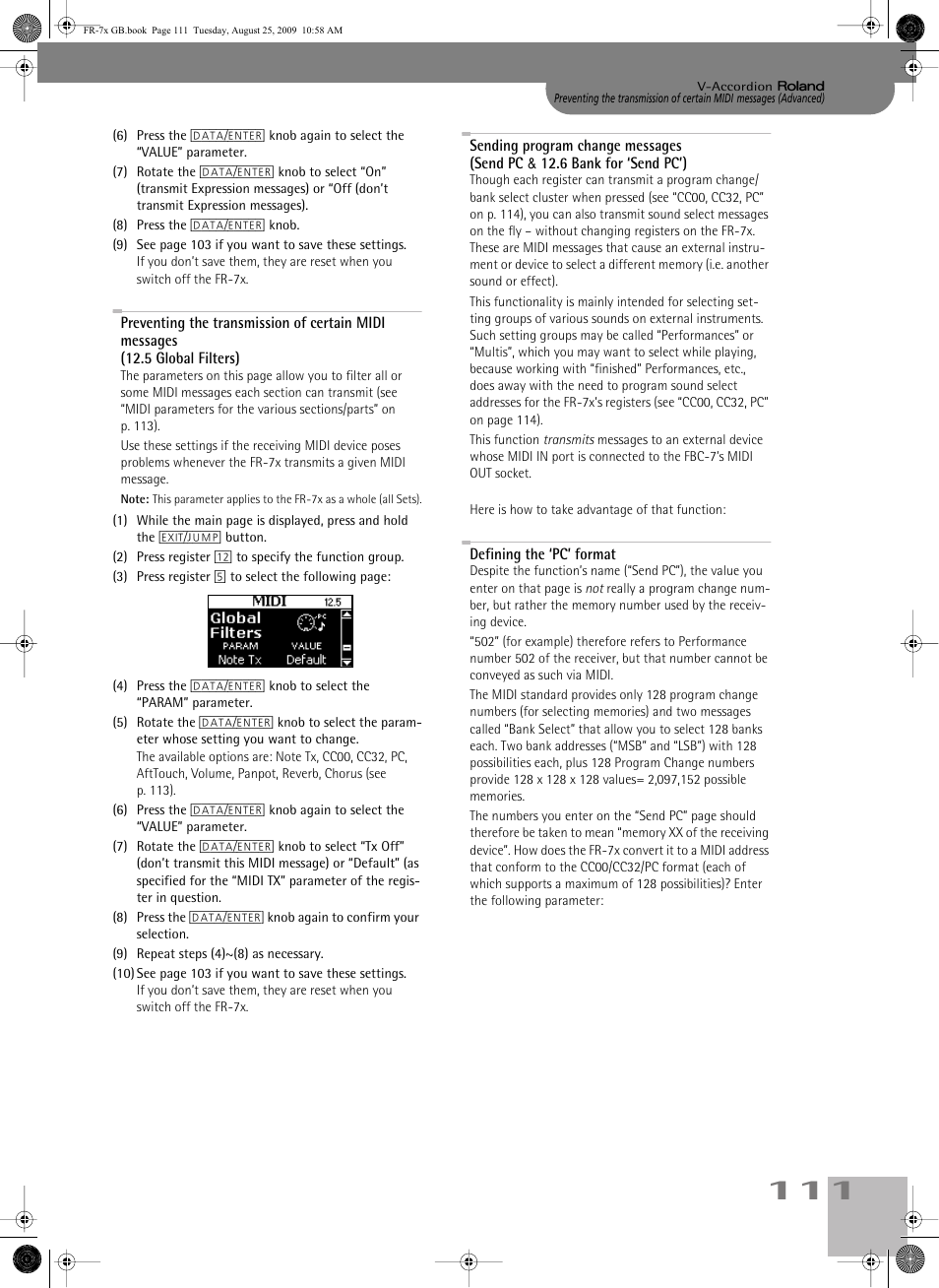 Sending program change messages, Defining the ‘pc’ format, P. 111 | Roland FR-7x User Manual | Page 111 / 140