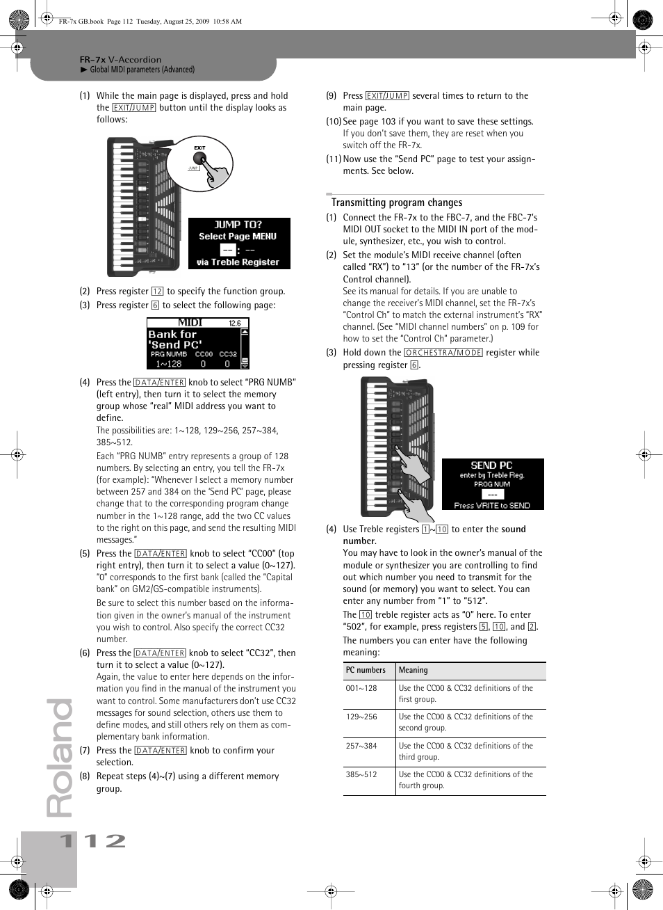 Transmitting program changes | Roland FR-7x User Manual | Page 112 / 140