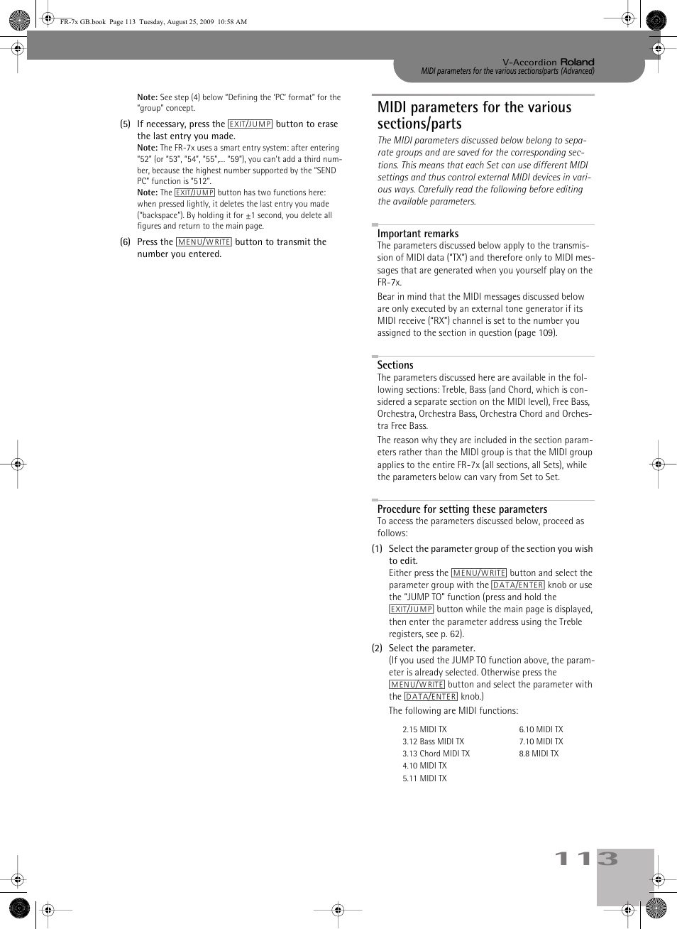 Midi parameters for the various sections/parts, Important remarks, Sections | Procedure for setting these parameters, Orchestra section you need to | Roland FR-7x User Manual | Page 113 / 140