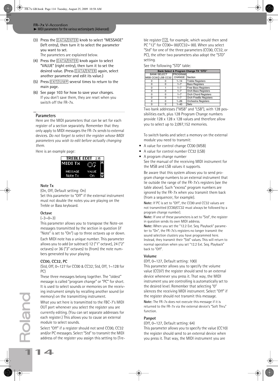 Parameters | Roland FR-7x User Manual | Page 114 / 140