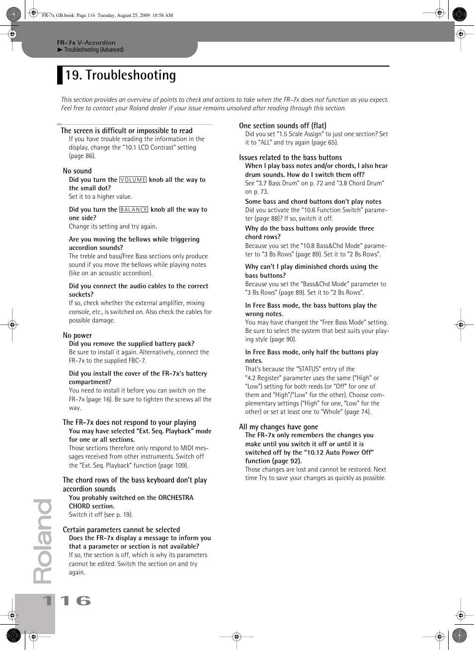 Troubleshooting, The screen is difficult or impossible to read | Roland FR-7x User Manual | Page 116 / 140