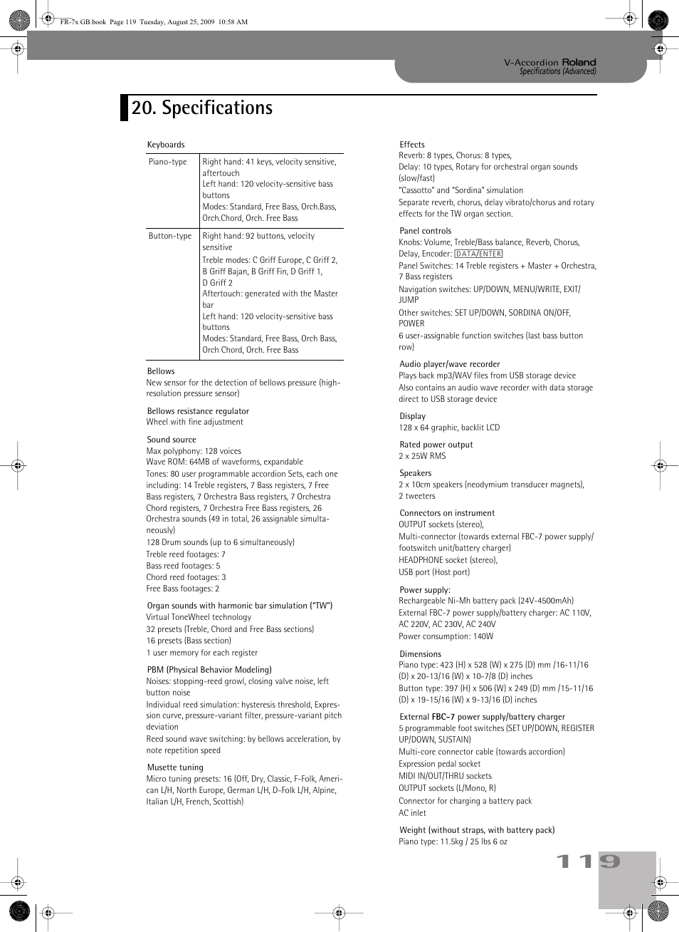 Specifications | Roland FR-7x User Manual | Page 119 / 140