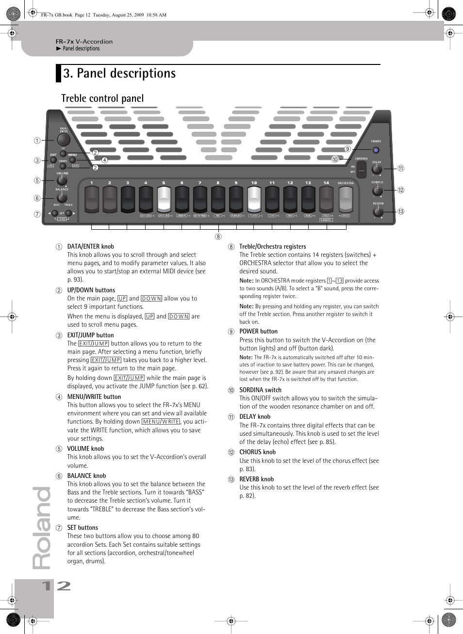 Panel descriptions, Treble control panel | Roland FR-7x User Manual | Page 12 / 140