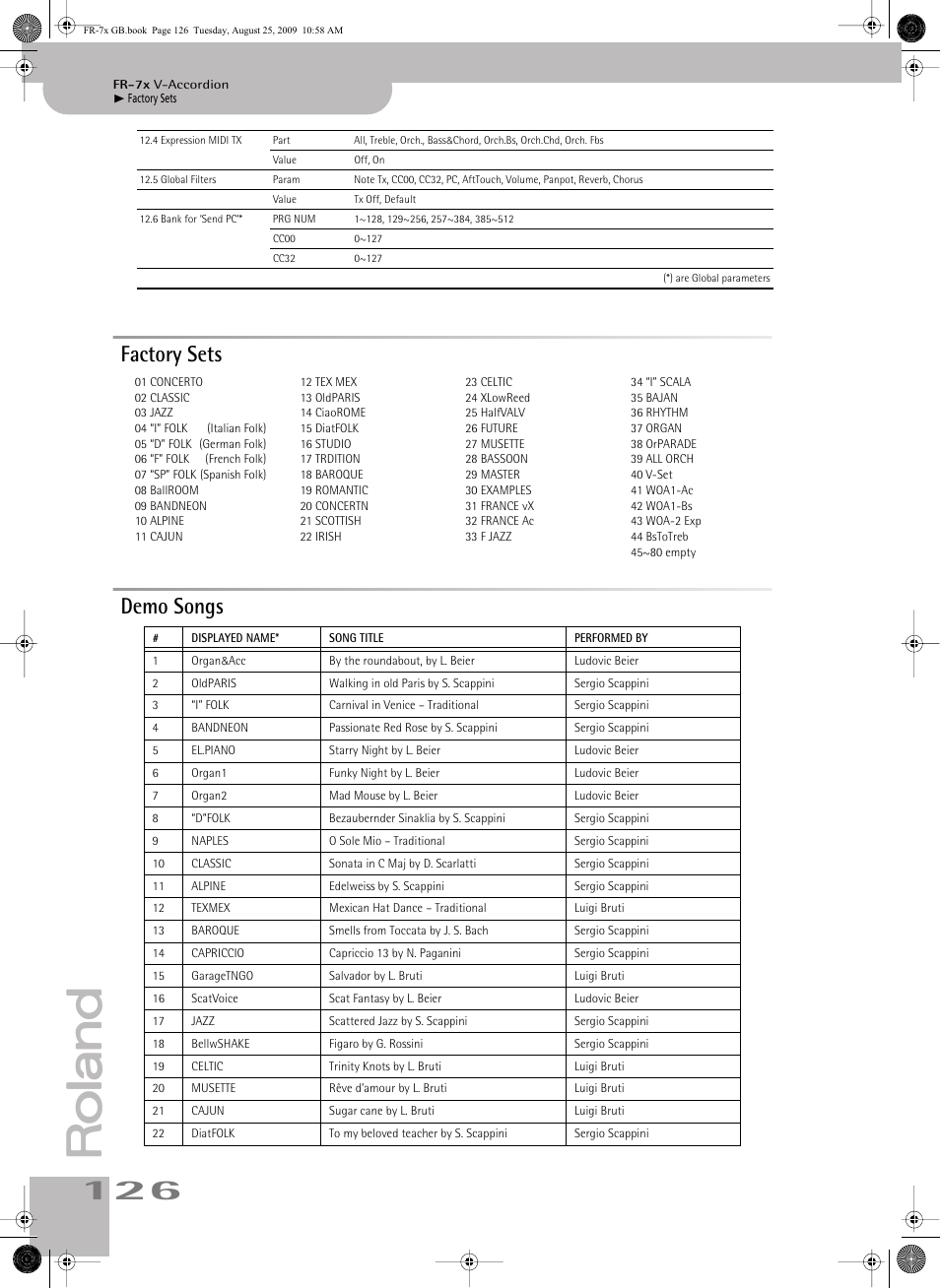Factory sets, Demo songs, Factory sets demo songs | Roland FR-7x User Manual | Page 126 / 140