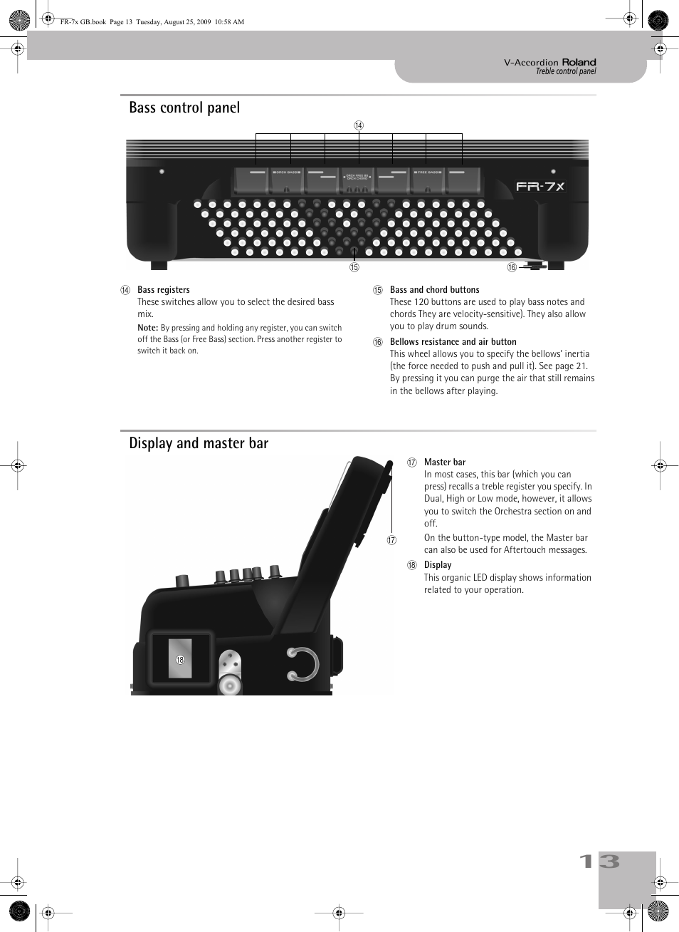 Bass control panel, Display and master bar, Bass control panel display and master bar | Roland FR-7x User Manual | Page 13 / 140
