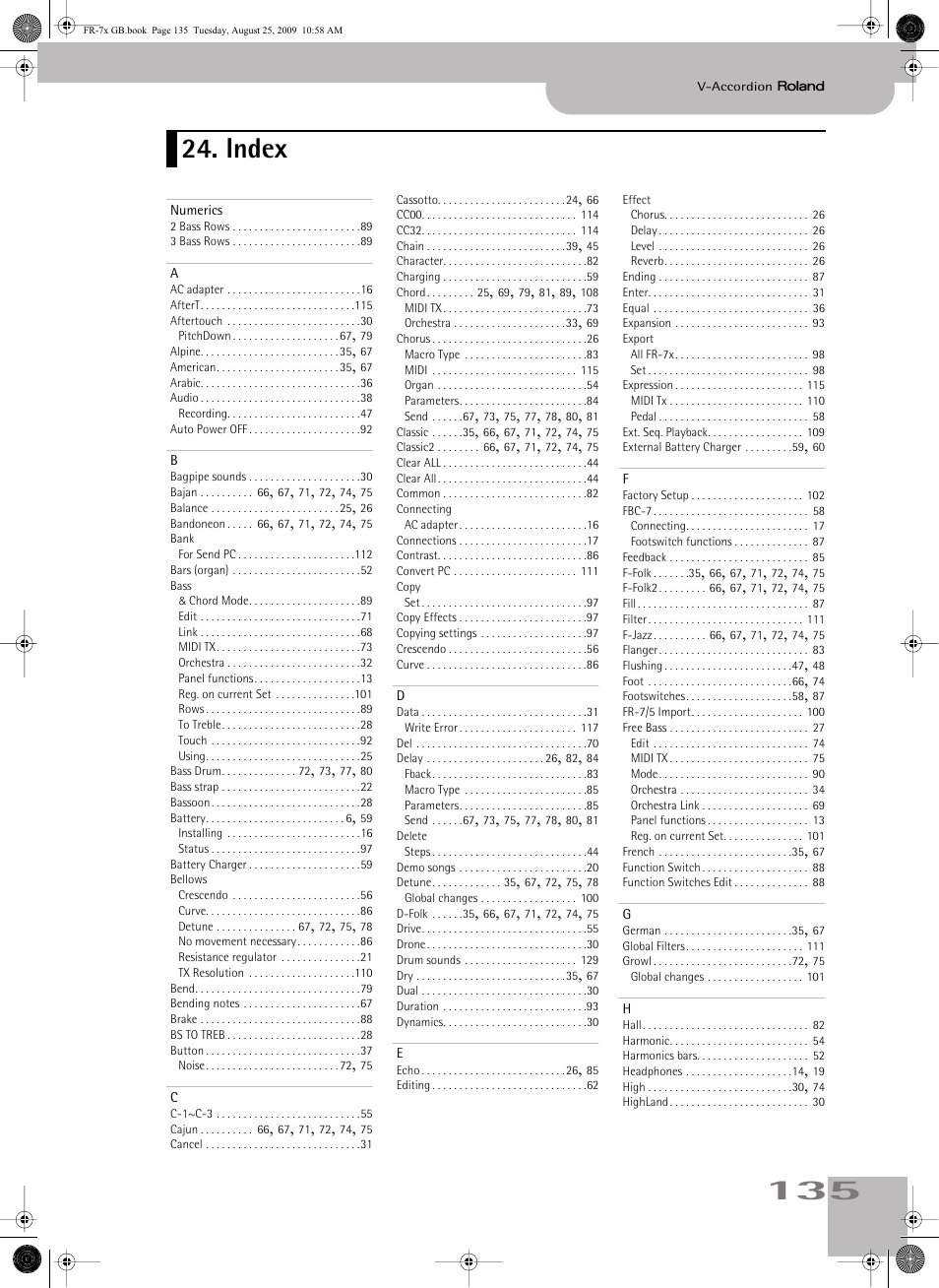 Index | Roland FR-7x User Manual | Page 135 / 140