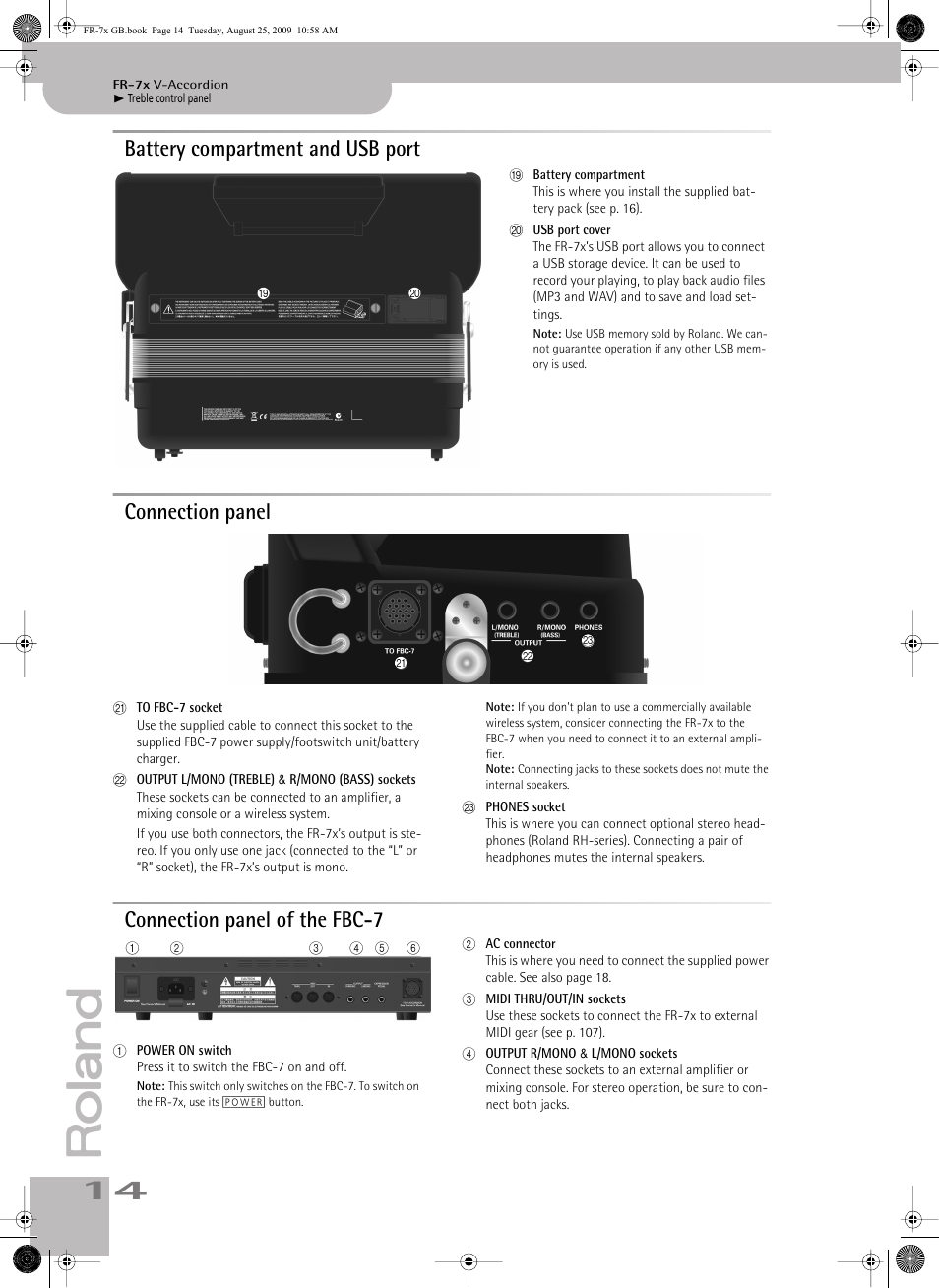 Battery compartment and usb port, Connection panel, Connection panel of the fbc7 | Battery compartment and usb port connection panel, Connection panel of the fbc-7 | Roland FR-7x User Manual | Page 14 / 140