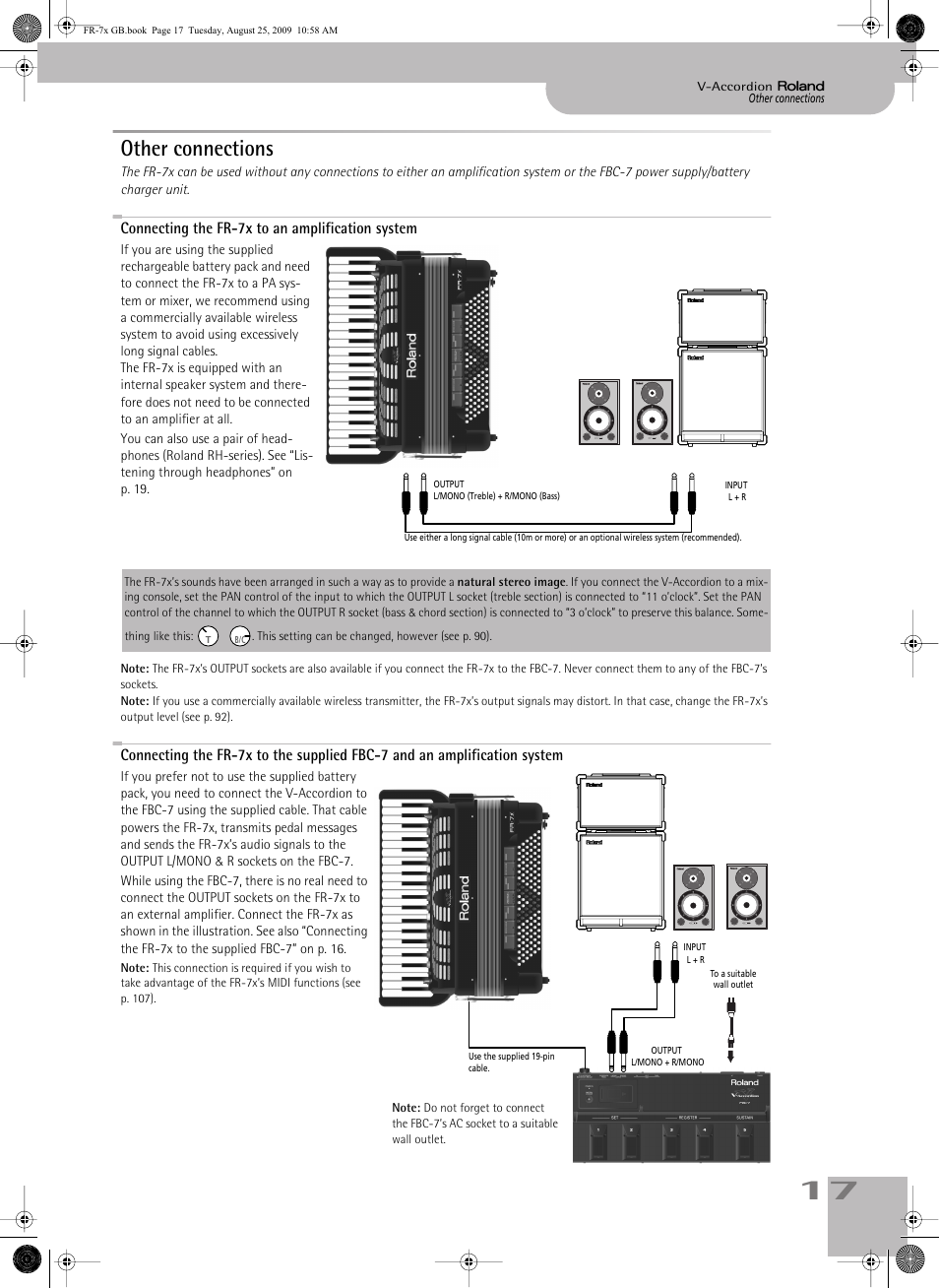 Other connections, Connecting the fr7x to an amplification system | Roland FR-7x User Manual | Page 17 / 140