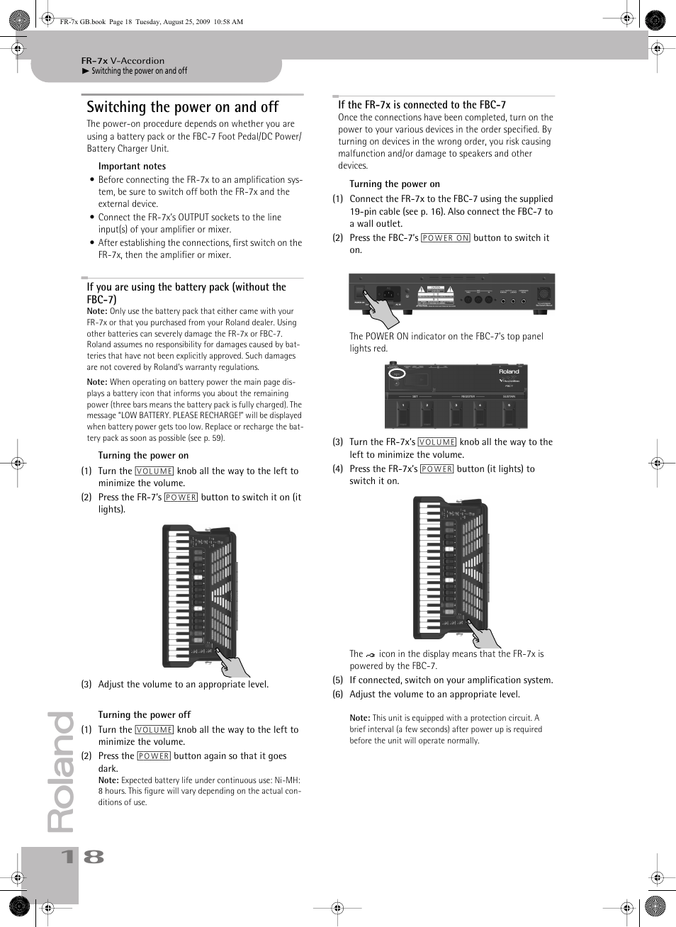 Switching the power on and off, If the fr7x is connected to the fbc7 | Roland FR-7x User Manual | Page 18 / 140