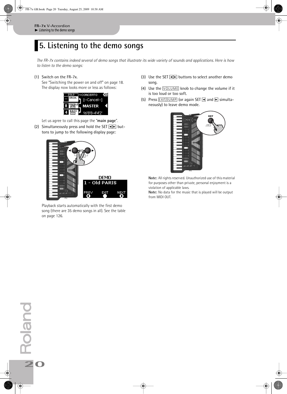 Listening to the demo songs | Roland FR-7x User Manual | Page 20 / 140