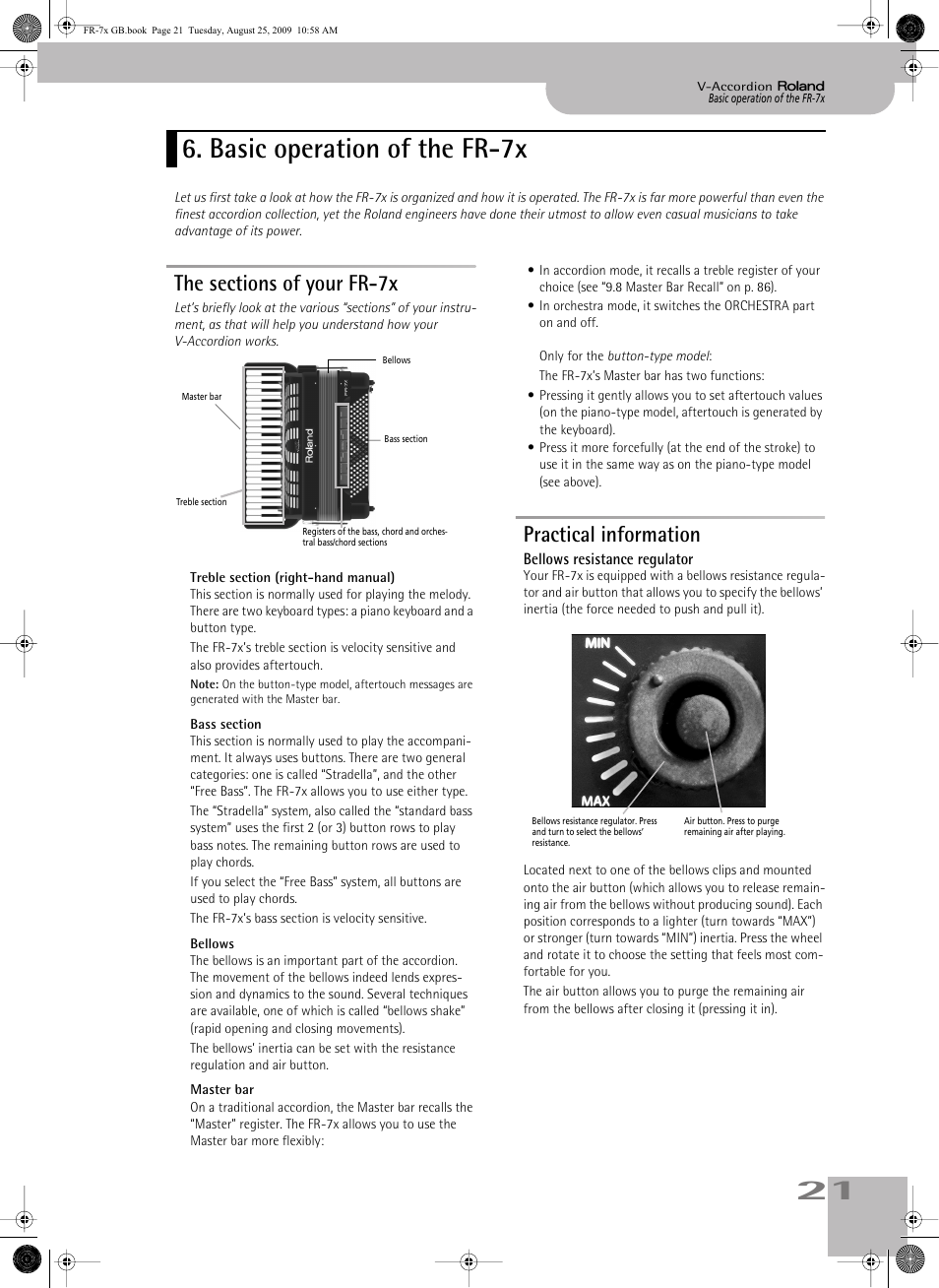 Basic operation of the fr7x, The sections of your fr7x, Practical information | Bellows resistance regulator, Basic operation of the fr-7x, The sections of your fr-7x practical information | Roland FR-7x User Manual | Page 21 / 140