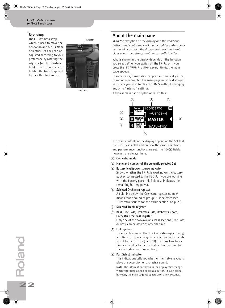 Bass strap, About the main page | Roland FR-7x User Manual | Page 22 / 140