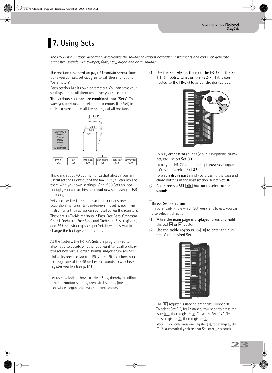 Using sets, Direct set selection | Roland FR-7x User Manual | Page 23 / 140