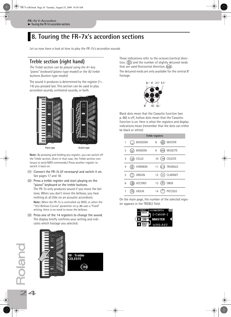 Touring the fr7x’s accordion sections, Treble section (right hand), Touring the fr-7x’s accordion sections | Roland FR-7x User Manual | Page 24 / 140