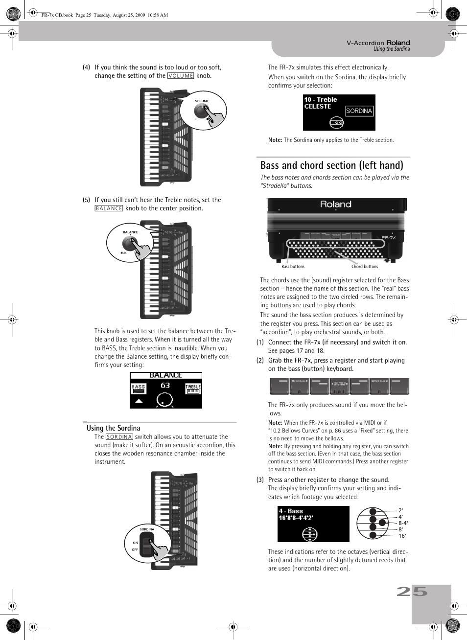 Using the sordina, Bass and chord section (left hand) | Roland FR-7x User Manual | Page 25 / 140